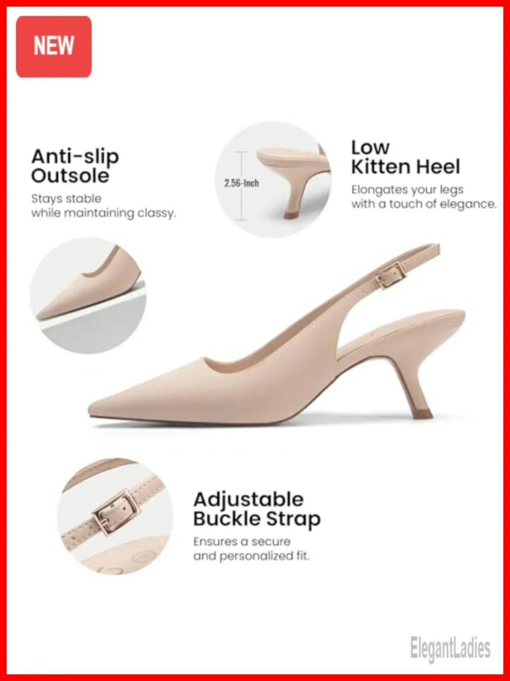 Women's Pointed Toe Kitten Heel Slingback Pumps with Adjustable Strap Faux